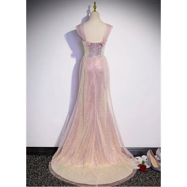 Sexy Rougissant Rose Paillettes Robe De Soirée 2022 Trompette / Sirène Encolure Carrée Manches Courtes Dos Nu Train De Balayage Soirée Robe De Ceremonie