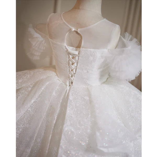 Charming White Beading Sequins Pearl Rhinestone Cascading Ruffles Flower Girl Dresses 2023 Ball Gown Scoop Neck Short Sleeve Sweep Train Birthday Flower Girl Dresses