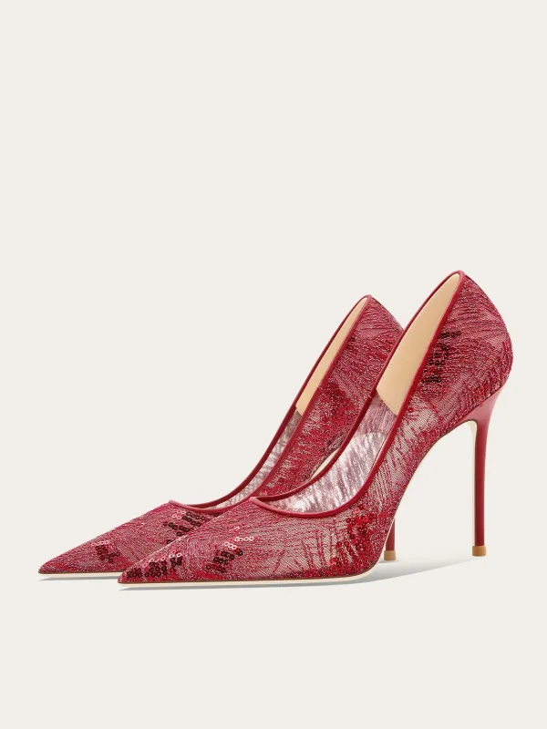Charmant Bordeaux Avond Kanten Pailletten Pumps 2025 10 cm Naaldhakken / Stiletto Spitse Neus Pumps Hoge Hakken