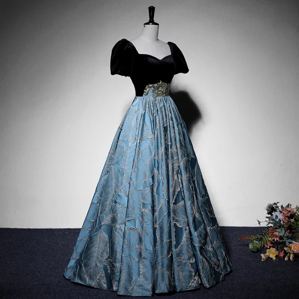 Elegant Black Suede Prom Dresses 2022 Satin A-Line / Princess Square Neckline Puffy Short Sleeve Backless Floor-Length / Long Formal Dresses
