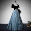 Elegant Black Suede Prom Dresses 2022 Satin A-Line / Princess Square Neckline Puffy Short Sleeve Backless Floor-Length / Long Formal Dresses