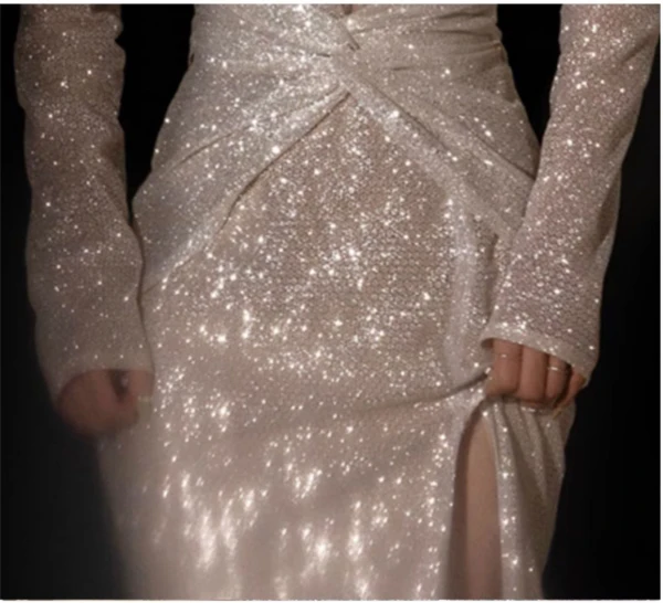 Sexy Glitzernden Champagner Pailletten Gespaltete Front Abendkleider 2024 Meerjungfrau Tiefer V-Ausschnitt Lange Ärmel Rückenfreies Lange Abend Festliche Kleider