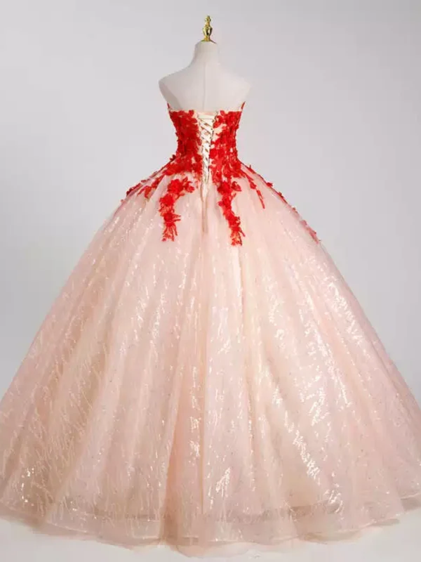 Chic / Beautiful Champagne Beading Lace Flower Appliques Prom Dresses 2024 Ball Gown Strapless Sleeveless Backless Floor-Length / Long Prom Formal Dresses