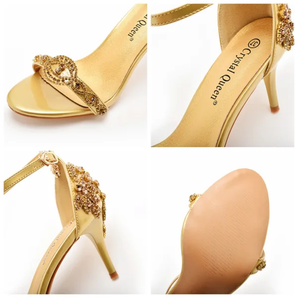 Sexy Champagne Faux Diamant Bride Cheville Sandales Femme 2023 7 cm Talons Aiguilles Peep Toes / Bout Ouvert Mariage Sandales Talons Hauts