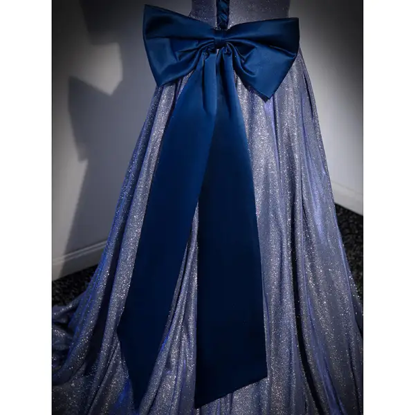 Sparkly Ocean Blue Glitter Evening Dresses 2022 A-Line / Princess V-Neck Short Sleeve Backless Bow Sweep Train Evening Party Formal Dresses
