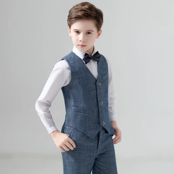 Moderne / Mode Océan Bleu Manches Longues Costume Garçon Mariage 2023 Manteau Pantalon Chemise Cravate Gilet Mariage