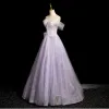 Charming Lavender Beading Pearl Sequins Prom Dresses 2024 Off-The-Shoulder A-Line / Princess Sleeveless Backless Floor-Length / Long Prom Formal Dresses