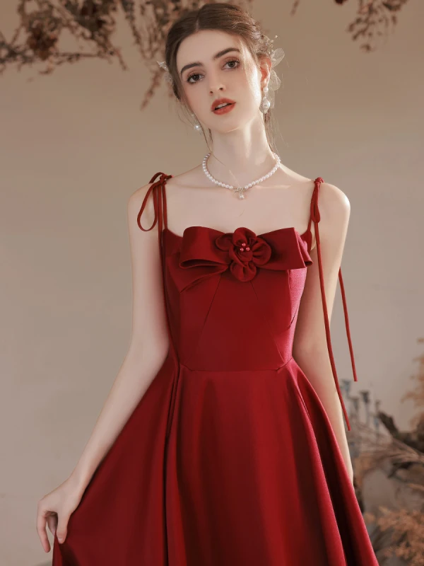 Modern / Fashion Burgundy Satin Evening Dresses 2023 A-Line / Princess Spaghetti Straps Bow Sleeveless Backless Floor-Length / Long Evening Party Formal Dresses