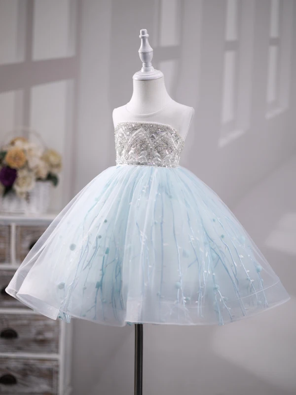 Charming Sky Blue Beading Pearl Sequins Birthday Flower Girl Dresses 2023 Ball Gown Scoop Neck Sleeveless Backless Floor-Length / Long