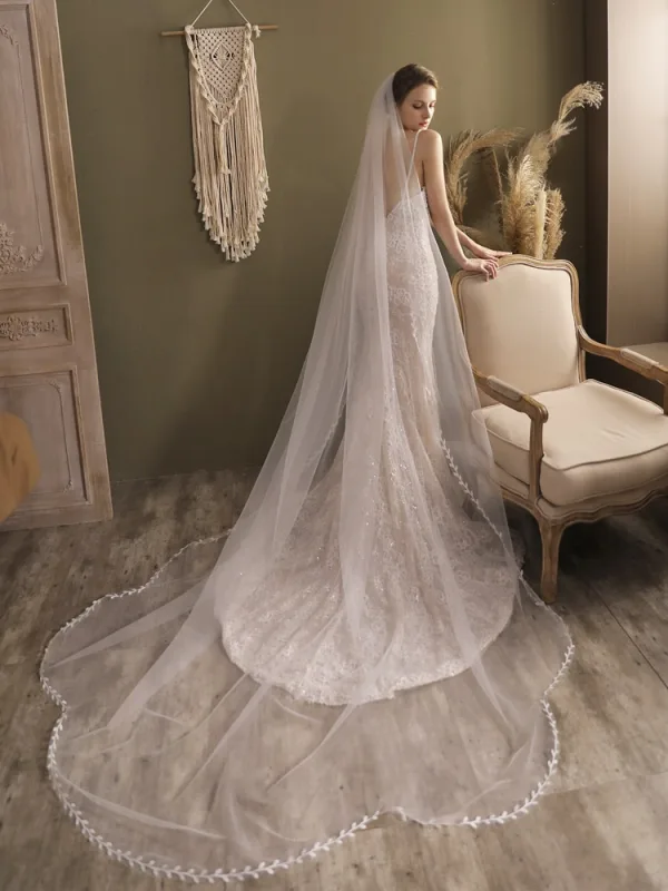 Simple Blanche Fait main En Dentelle Feuille Voile De Mariée 2025 2 m Train De Balayage Tulle