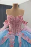 Flower Fairy Pool Blue Pearl Lace Flower Appliques Prom Dresses 2025 Ball Gown Off-The-Shoulder Short Sleeve Backless Bow Royal Train Formal Dresses
