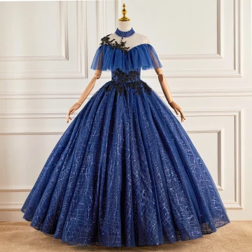 Vintage Originale Bleu Marine Perlage Paillettes En Dentelle Fleur Robe De Bal 2023 Robe Boule Col Haut Manches Courtes Dos Nu Longue Promo Robe De Ceremonie