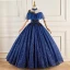 Vintage / Retro Navy Blue Beading Sequins Lace Flower Prom Dresses 2023 Ball Gown High Neck Short Sleeve Backless Floor-Length / Long Prom Formal Dresses