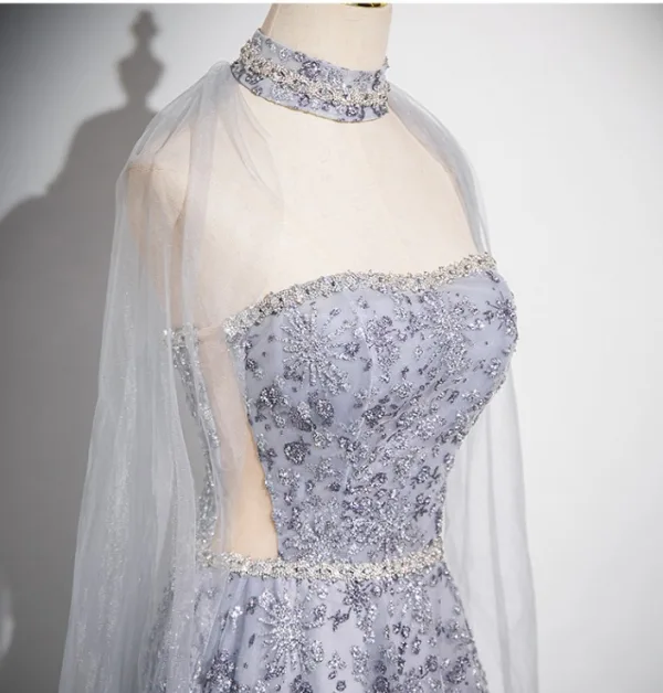Bling Bling Grau Perlenstickerei Pailletten Ballkleider 2024 A Linie Bandeau Ärmellos Rückenfreies Lange Ball Festliche Kleider