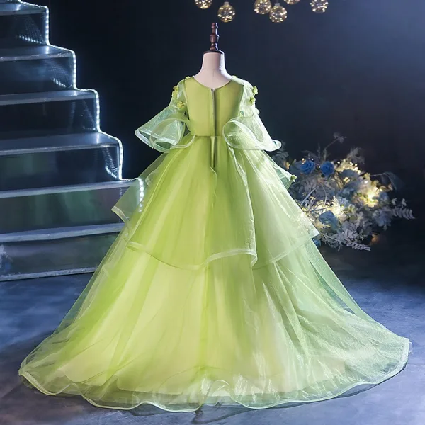 Flower Fairy Sage Green Appliques Birthday Flower Girl Dresses 2024 Ball Gown V-Neck Bell sleeves Floor-Length / Long