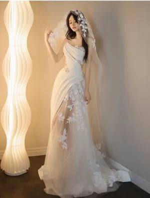 Charming White Appliques Lace Flower Satin Wedding Dresses 2024 A Line Princess One Shoulder Sleeveless Backless Floor Length Long Wedding