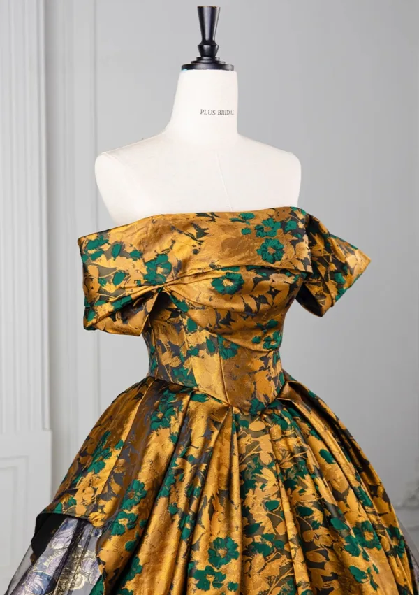 Vintage / Retro Tan Printing Prom Dresses 2025 Ball Gown Off-The-Shoulder Short Sleeve Backless Floor-Length / Long Formal Dresses