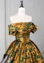 Vintage / Retro Tan Printing Prom Dresses 2025 Ball Gown Off-The-Shoulder Short Sleeve Backless Floor-Length / Long Formal Dresses