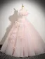 Chic / Beautiful Blushing Pink Beading Appliques Prom Dresses 2025 Ball Gown Off-The-Shoulder Short Sleeve Backless Floor-Length / Long Prom Formal Dresses