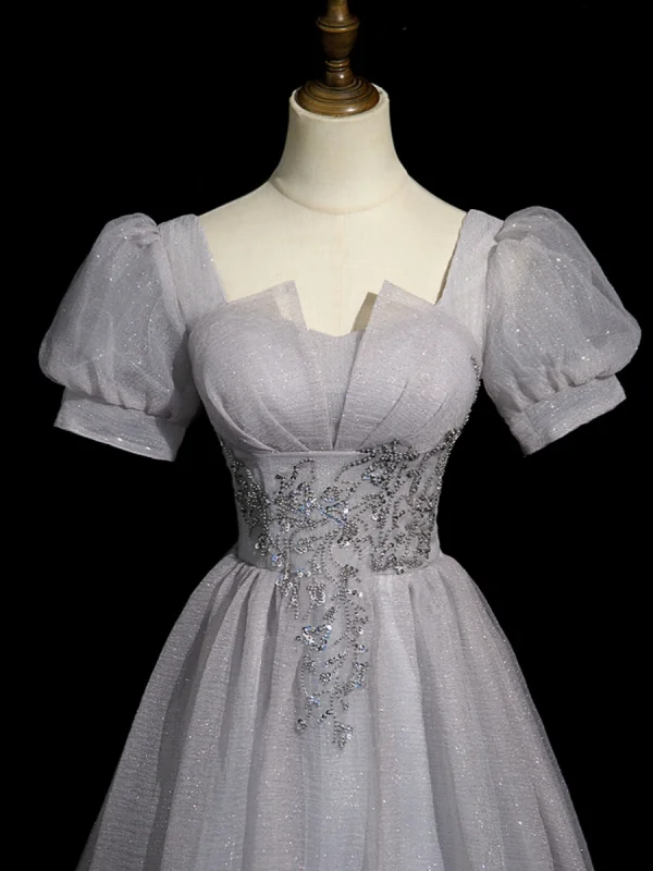Élégant Gris Perlage Paillettes Robe De Bal 2023 Princesse Encolure Carrée Gonflée Manches Courtes Dos Nu Longue Promo Robe De Ceremonie