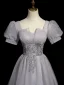Élégant Gris Perlage Paillettes Robe De Bal 2023 Princesse Encolure Carrée Gonflée Manches Courtes Dos Nu Longue Promo Robe De Ceremonie