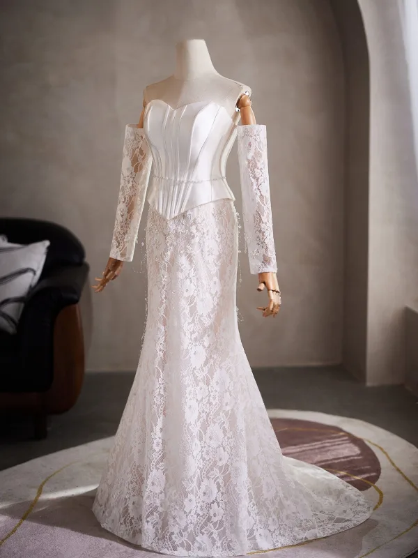 Élégant Blanche Perle En Dentelle Fleur Robe De Mariée 2026 Trompette / Sirène De l'épaule Manches Longues Dos Nu Train De Balayage