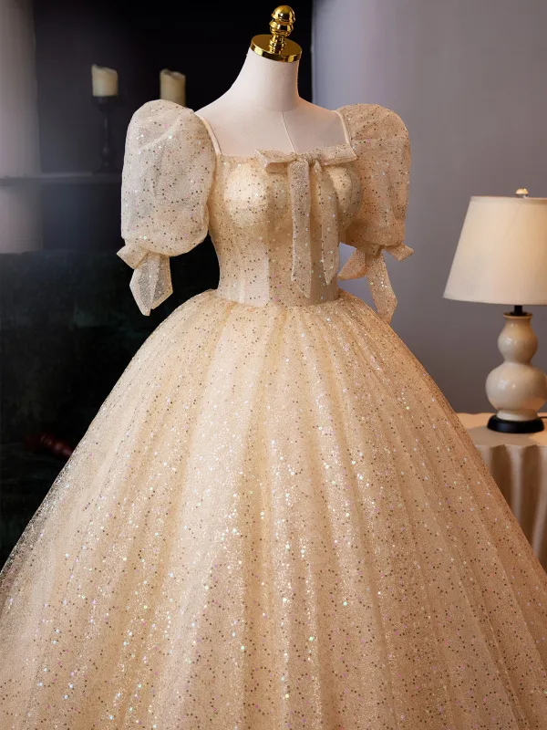Bling Bling Gold Pailletten Ballkleider 2025 Ballkleid Eckiger Ausschnitt Geschwollenes Kurze Ärmel Rückenfreies Festliche Kleider