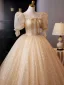 Bling Bling Gold Pailletten Ballkleider 2025 Ballkleid Eckiger Ausschnitt Geschwollenes Kurze Ärmel Rückenfreies Festliche Kleider