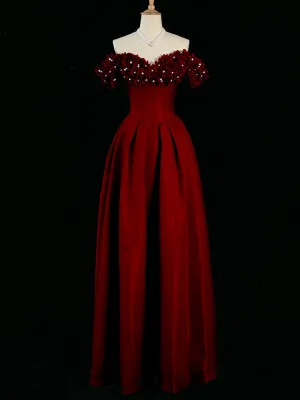 Chic Belle Bordeaux Perle Appliques Robe De Bal 2024 Satin Princesse De L Épaule Sans Manches Dos Nu Longue Promo Robe De Ceremonie