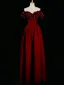 Chic / Beautiful Burgundy Pearl Appliques Prom Dresses 2024 Satin A-Line / Princess Off-The-Shoulder Sleeveless Backless Floor-Length / Long Prom Formal Dresses