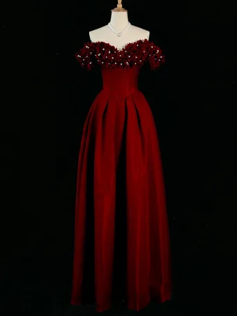 Chic Beautiful Burgundy Pearl Appliques Prom Dresses 2024 Satin A Line Princess Off The Shoulder Sleeveless Backless Floor Length Long Prom Formal Dresses