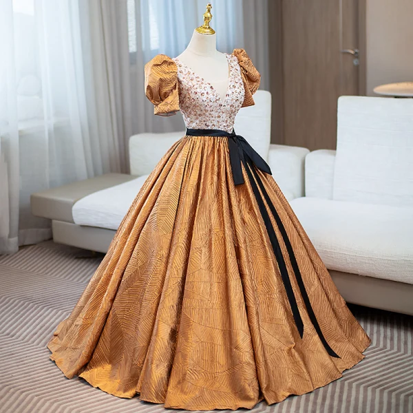 Elegant Green Sequins Prom Dresses 2024 Ball Gown V-Neck Puffy Short Sleeve Backless Bow Sash Floor-Length / Long Prom Formal Dresses