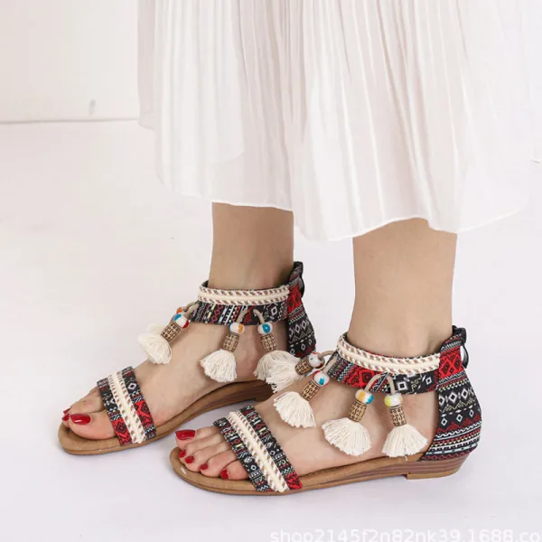 Bohemia Summer Black Street Wear Beach Flat Womens Sandals 2022 Ankle Strap Open / Peep Toe Sandals