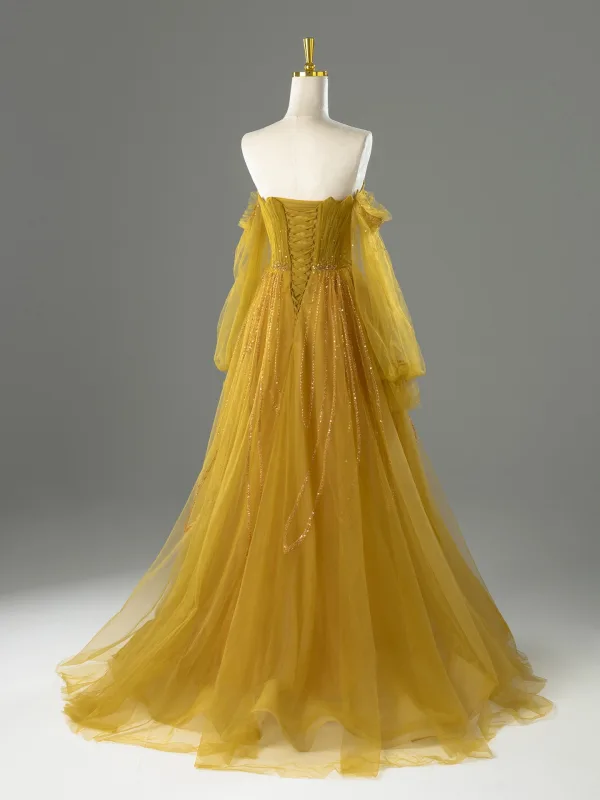Vintage / Retro Yellow Beading Sequins Prom Dresses 2026 A-Line / Princess Off-The-Shoulder Long Sleeve Backless Floor-Length / Long Formal Dresses