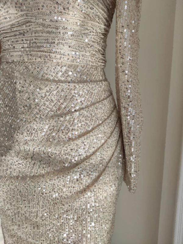 Sexy Champagne Paillettes Robe De Soirée 2023 Trompette / Sirène Encolure Carrée Manches Longues Dos Nu Thé Longueur Soirée Robe De Ceremonie