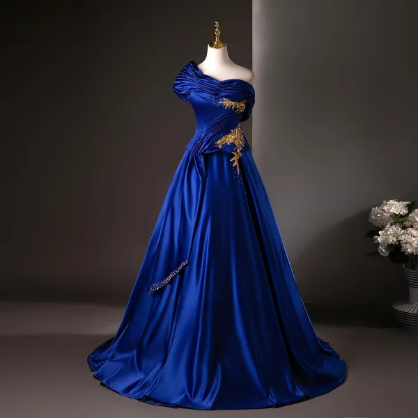 Vintage / Retro Royal Blue Beading Sequins Embroidered Prom Dresses 2025 Ball Gown One-Shoulder Short Sleeve Backless Floor-Length / Long Formal Dresses