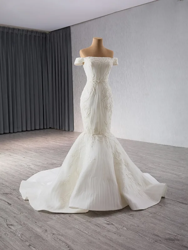High End Weiß Perlenstickerei Pailletten Brautkleider / Hochzeitskleider 2024 Meerjungfrau Off Shoulder Ärmellos Rückenfreies Sweep / Pinsel Zug Hochzeit