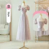 Modest / Simple Lavender Bridesmaid Dresses 2023 A-Line / Princess Square Neckline Bow Puffy Short Sleeve Backless Floor-Length / Long Bridesmaid Dresses