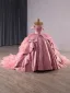 Luxury / Gorgeous Flower Fairy Candy Pink Handmade  Rhinestone Lace Flower Cascading Ruffles Prom Dresses Quinceañera 2025 Ball Gown Off-The-Shoulder Sleeveless Backless