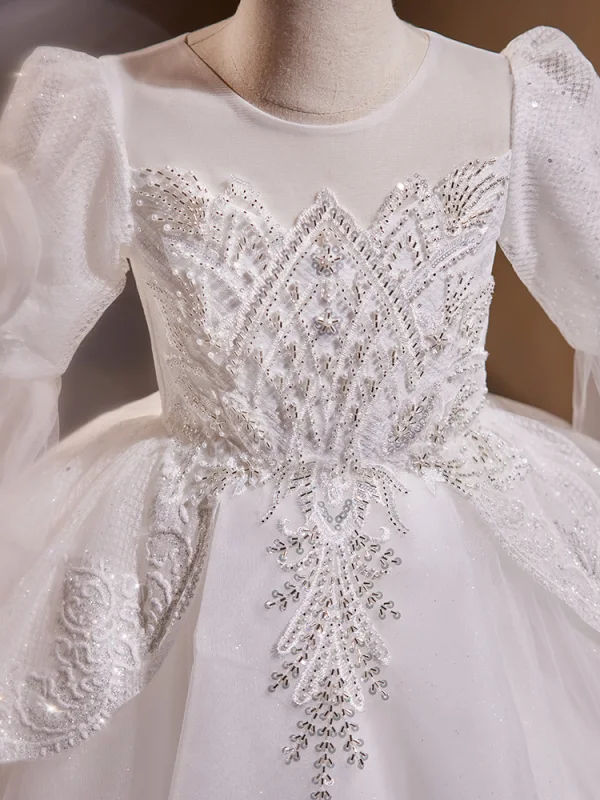 Chic / Beautiful White Beading Pearl Sequins Birthday Flower Girl Dresses 2023 Ball Gown Scoop Neck Long Sleeve Floor-Length / Long Flower Girl Dresses