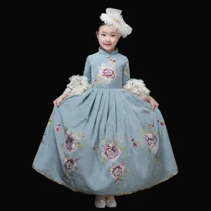 Vintage Retro Medieval Pool Blue Flower Girl Dresses 2024 Printing Floral Floor Length Long 3 4 Sleeve High Neck Cosplay Wedding Prom A Line Princess Ball Gown Wedding Party Dresses