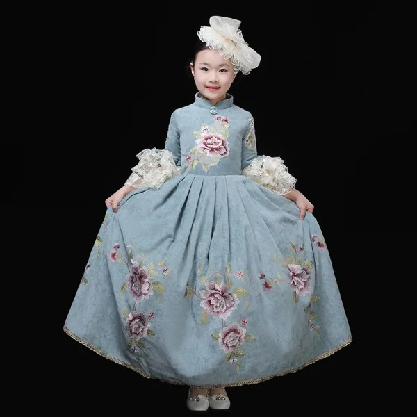 Vintage / Retro Medieval Pool Blue Flower Girl Dresses 2024 Printing Floral Floor-Length / Long 3/4 Sleeve High Neck Cosplay Wedding Prom A-Line / Princess Ball Gown Wedding Party Dresses