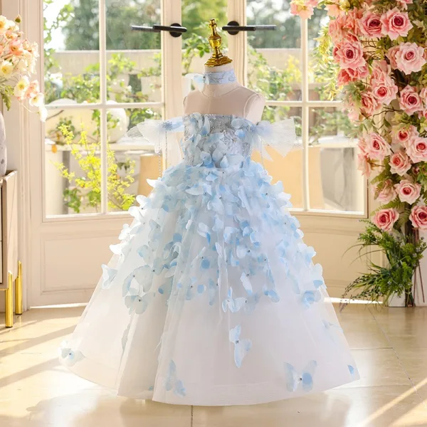 Flower Fairy Sky Blue Beading Pearl Butterfly Birthday Flower Girl Dresses 2025 Ball Gown Scoop Neck Sleeveless Backless Floor-Length / Long