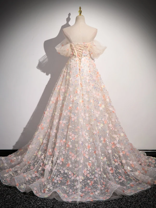 Flower Fairy Appliques Sequins Prom Dresses 2024 Ball Gown Off-The-Shoulder Sleeveless Backless Floor-Length / Long Formal Dresses