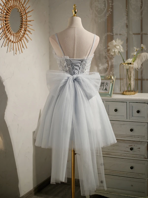 Fashion Grey Birthday Party Dresses 2022 A-Line / Princess Spaghetti Straps Beading Pearl Sequins Sleeveless Backless Bow Floor-Length / Long Cocktail Party Formal Dresses