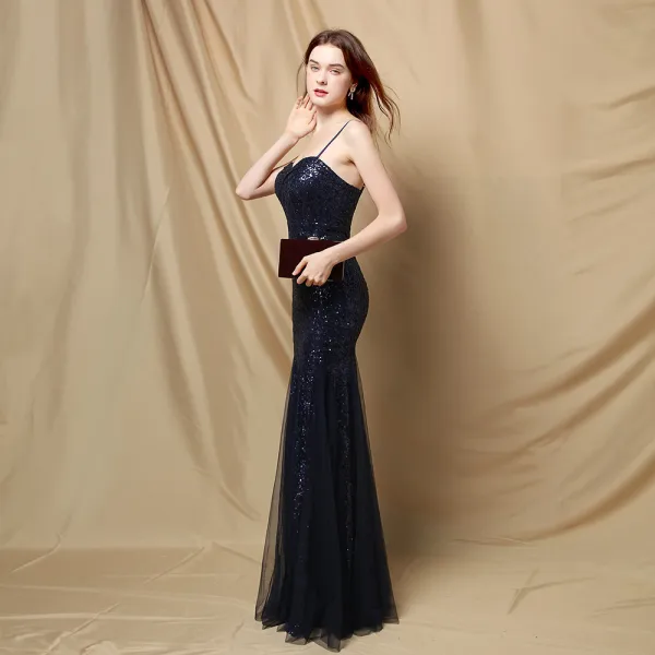 Scintillantes Blanche Paillettes Robe De Soirée 2024 Trompette / Sirène Bretelles Spaghetti Sans Manches Dos Nu Longue Soirée Robe De Ceremonie