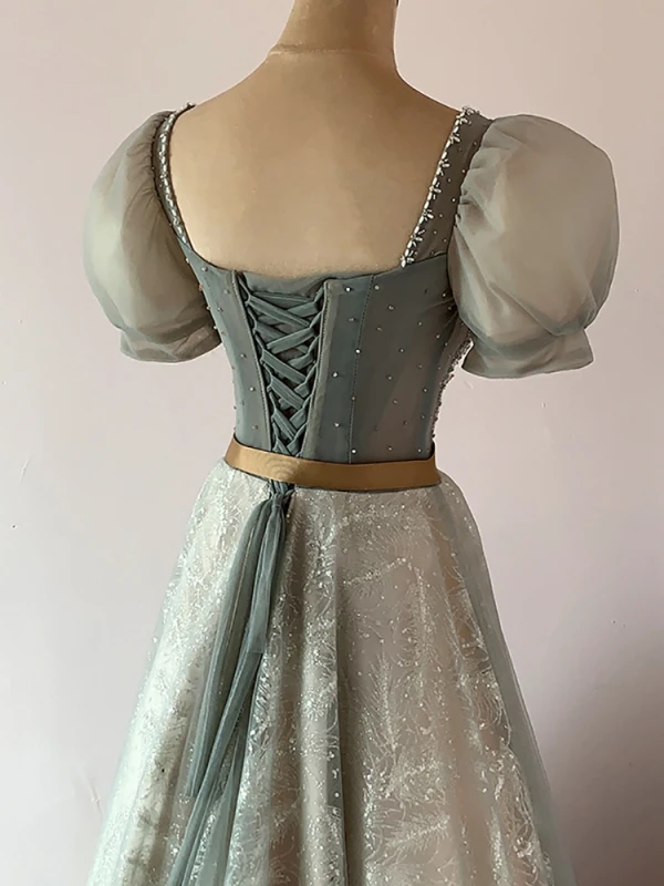 Illusion Gris Perlage Perle Faux Diamant Robe De Soirée 2023 Princesse Encolure Carrée Manches Courtes Dos Nu Noeud Ceinture Longue Soirée Robe De Ceremonie