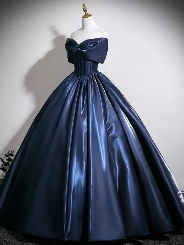 Vintage Marino Oscuro Satén Vestidos de gala 2025 Ball Gown Bowknot Sin Tirantes Sin Mangas Sin Espalda Largos Vestidos Formales