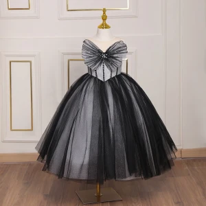 Charmant Noire Anniversaire Paillettes Noeud Robe Ceremonie Fille 2023 Robe Boule Bustier Sans Manches Dos Nu Thé Longueur