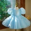 Chic / Beautiful Sky Blue Birthday Pearl Short Flower Girl Dresses 2023 Ball Gown Scoop Neck Puffy Short Sleeve Bow